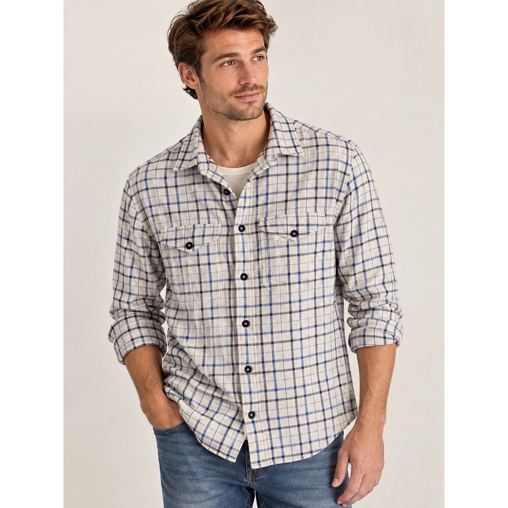 Relwen Brushed Flannel Blanket Shirt Button Plaid Blue White Shacket Sz Large